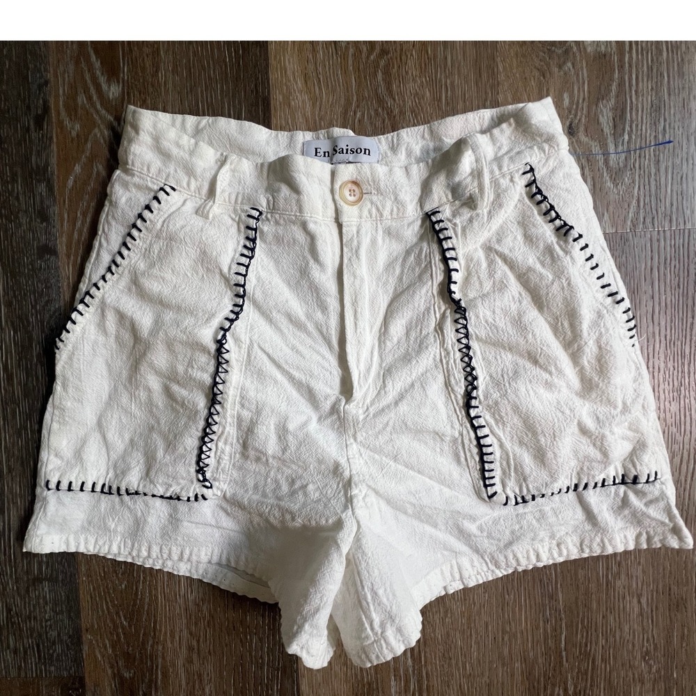 En Saison Shorts Womens Small White Linen Blend Whipstitch High Waist IE13670P